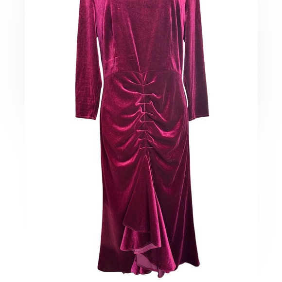 Eliza J midi ruched high collar open back burgundy velvet party dress - Picture 3 of 8